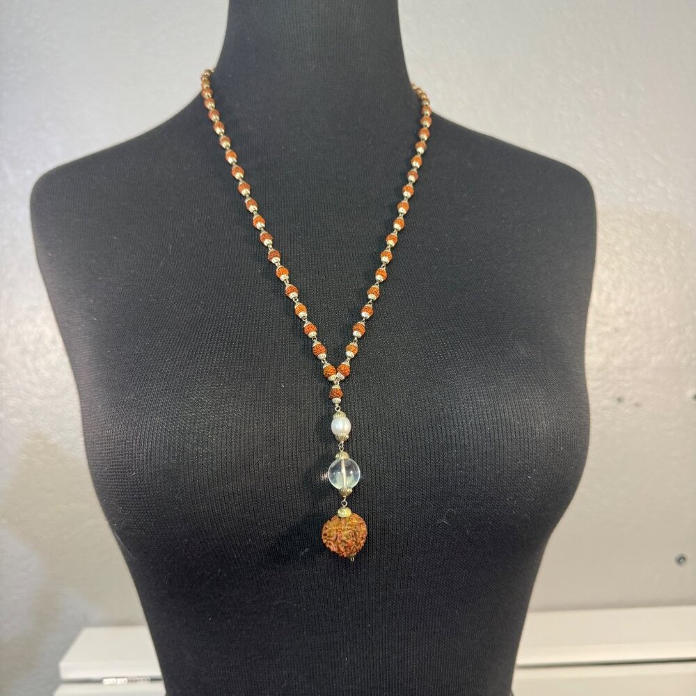 Handmade Rudraksha Bead Necklace With Pearl & Crystal Accents